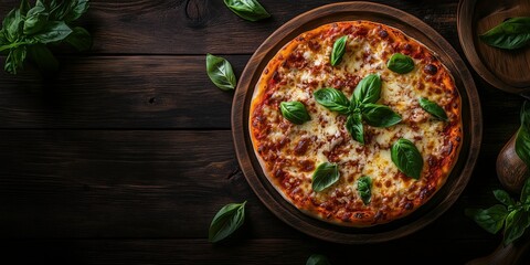 Delicious Cheese Pizza: A mouthwatering overhead shot of a cheese pizza, adorned with fresh basil leaves, sits on a rustic wooden board.