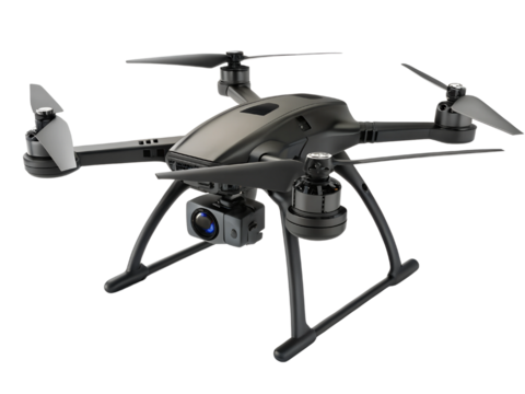 Modern Black Drone with Camera in High-Tech Design On Transparent Background