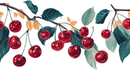 Cherry Tree Branches with Red Ripe Cherries and Green Leaves