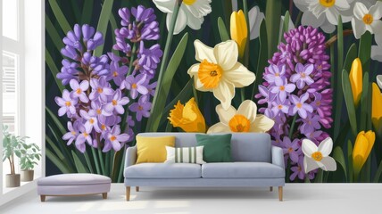 Vibrant Floral Wallpaper Displaying Spring Flowers with sofa 