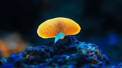 Vibrant glowing mushroom illuminated against a dark rocky background in a mystical underwater scene