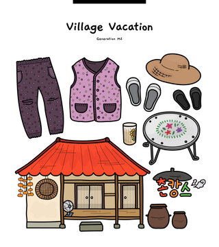 These illustrations are popular items from the MZ generation in Korea. There are country houses, grandmother's clothes, shoes, and hats. (Translation: Rural Travel)