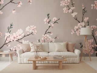Elegant Living Room with a Delicate Cherry Blossom Wallpaper