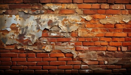 A brick wall with patches of peeling paint and rust stains spreading across the surface background