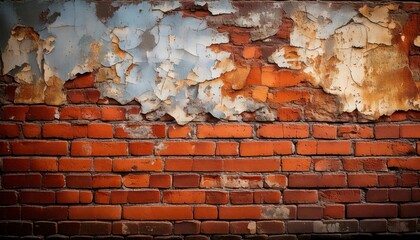 A brick wall with patches of peeling paint and rust stains spreading across the surface background