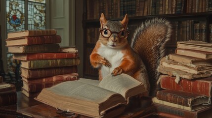 Smart Curious Squirrel in library. Study concept. Cute humanic animal in uncommonsurreal landscape....