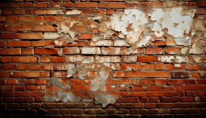 A brick wall with patches of peeling paint and rust stains spreading across the surface background