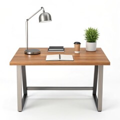 Modern Wooden Desk with Metal Legs and Workspace Accessories