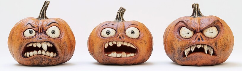 Carved Pumpkins with Angry, Surprised, and Frowning Faces for Halloween Decoration