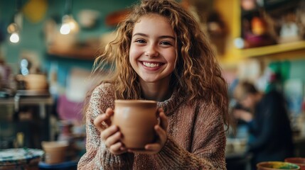 Smiling Young Woman Enjoying a Warm Drink in a Pottery Studio