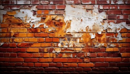 A brick wall with patches of peeling paint and rust stains spreading across the surface background