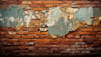 A brick wall with patches of peeling paint and rust stains spreading across the surface background