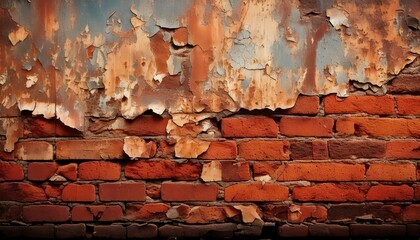 A brick wall with patches of peeling paint and rust stains spreading across the surface background