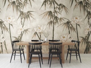 Elegant Dining Room with Asian-Inspired Wallpaper