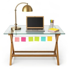 Stylish Glass Desk with Laptop, Lamp, and Colorful Post-it Notes