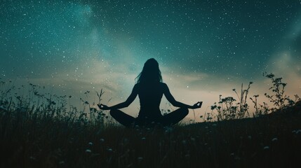 A tranquil scene featuring a silhouette of a woman meditating in a field, surrounded by wildflowers and a stunning starry sky that inspires peace.