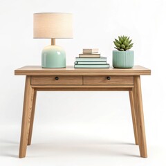 Stylish Light Wood Console Table with Mint Accent Lamp and Succulent