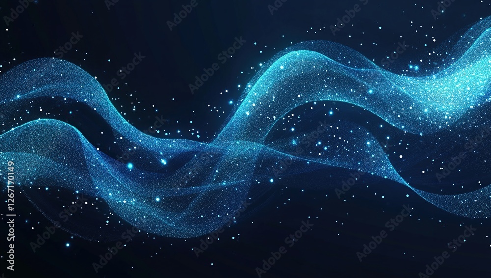 Poster abstract blue glitter waves flowing dynamically across dark background, creating a mesmerizing visua