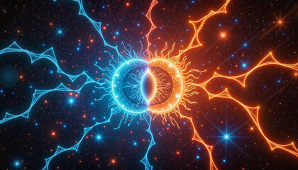 Abstract cosmic illustration of blue and orange energy spheres