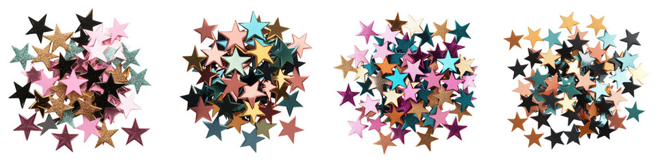 Vibrant confetti stars in a variety of colors and sizes bursting with celebratory sparkles and glitters creating a dynamic and festive visual composition on a white background