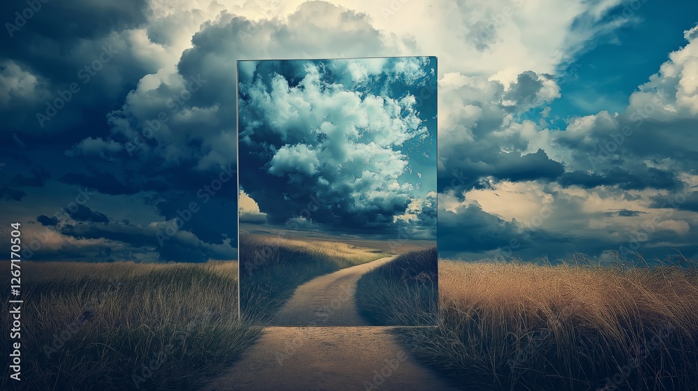 Poster a mirror reflecting a completely different surreal scene than reality