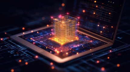 Laptop displaying holographic 3d building model with physical building on top of it