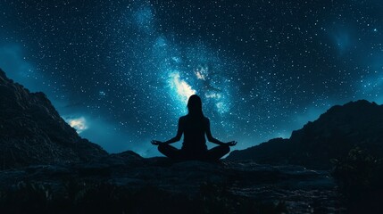 A silhouette of a person meditating on a rocky landscape under a dazzling display of stars, representing peace and introspection amid the vast universe.