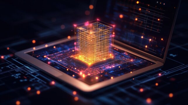 Laptop displaying holographic 3d building model with physical building on top of it