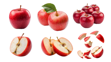 Red apple, set of red apples, apple cut in half, apple pieces floating and apple collection isolated on transparent background. PNG
