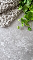 Knitted fabric, herbs, gray stone background. Still life presentation for lifestyle or home decor