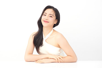 Fototapeta premium Beautiful young asian woman with clean fresh skin on white background, Face care, Facial treatment, Cosmetology, beauty and spa, Asian women portrait.