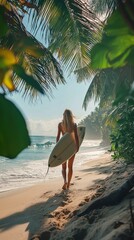 Obraz premium Surfer girl walking along the beach with surfboard on a sunny day