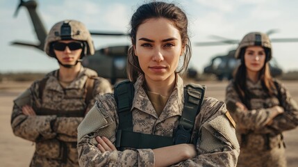 Fototapeta premium Confident female soldier, two colleagues, helicopters, airfield. Military teamwork