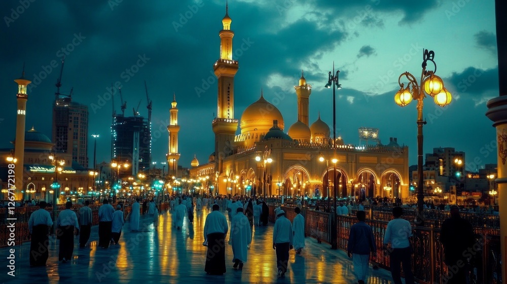Poster under a moonlit sky, families and friends gather in a lively city adorned with lights, celebrating r