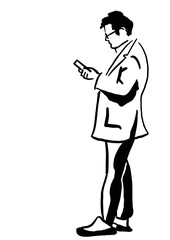 young man using smartphone illustration graphic design in black and white