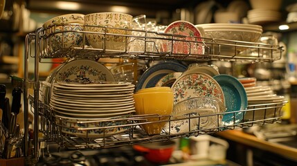 Clean dishes drying on a rack in a kitchen