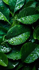 Fototapeta premium Fresh Green Leaves with Water Drops in a Lush Setting
