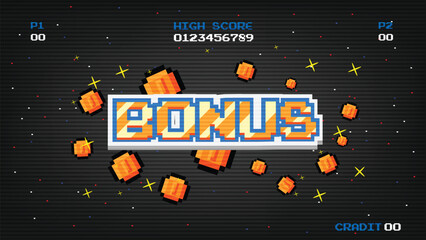 BONUS. pixel art .8 bit game. retro game. for game assets .Retro Futurism Sci-Fi Background. glowing neon grid. and stars from vintage arcade computer games