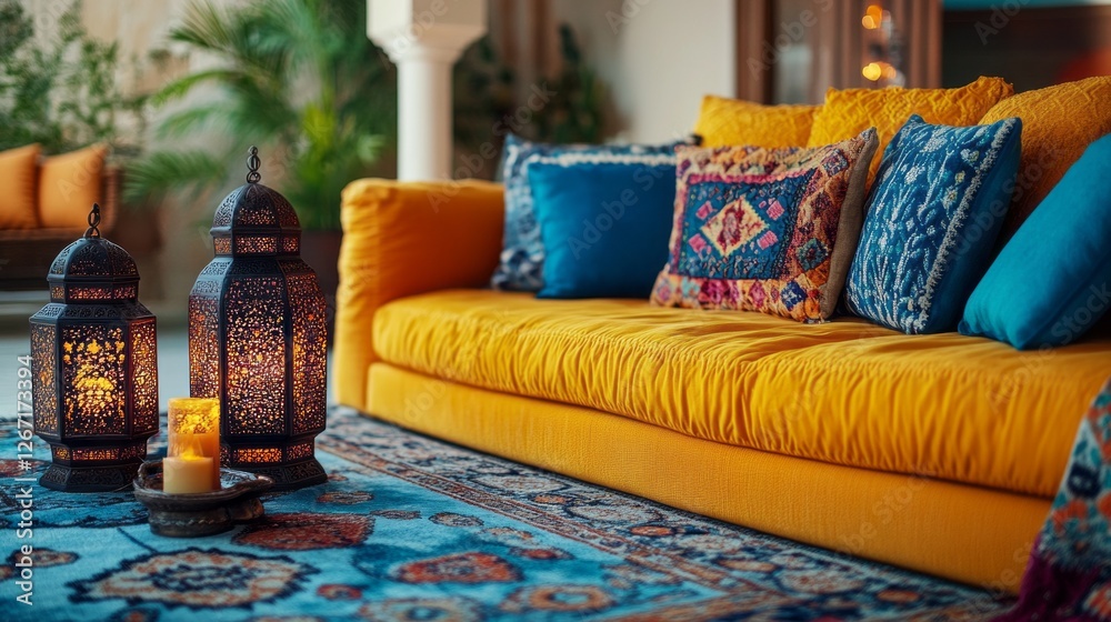 Poster bright furnishings complement the inviting yellow sofa, creating a cozy retreat. decorative pillows 