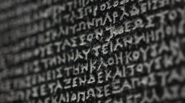 The Rosetta Stone, ancient stele inscribed with three scripts, key to deciphering Egyptian hieroglyphs. Macro close-up footage. Exhibit in museum.