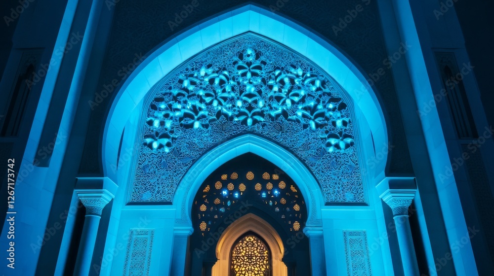 Poster an enchanting archway reveals intricate patterns illuminated by soft blue light, embracing the beaut