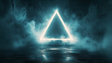Illuminated triangle floats above a reflective surface in smoky environment