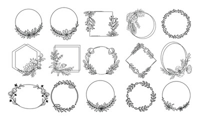 Laurels frames branches with circle borders vector collection. Vintage floral wreaths with leaves , flower, herb, swirls, ornate. Decorative elements for logo, wedding invitation, banner, packaging 