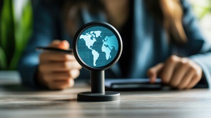 Woman holding smartphone while observing globe and exploring human resources and recruitment concepts