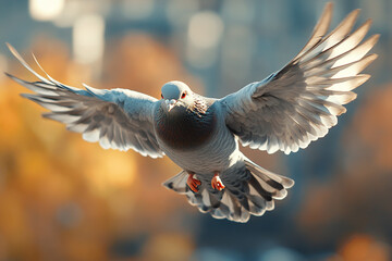 Urban Flight, A Pigeon's Journey Across the Cityscape Backdrop