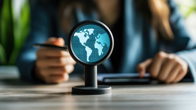 Woman holding smartphone while observing globe and exploring human resources and recruitment concepts