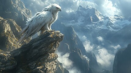 Fototapeta premium Majestic White Fantasy Creature Overlooking a Mystical Mountain Landscape in a Dreamlike Environment