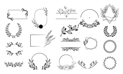 Floral frames Square and round leaf border decorative elegant elements for wedding invitation card simple ornamental wreath Vector laurel set
