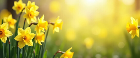 Yellow daffodils on a green meadow in springtime. Floral banner for spring holidays.