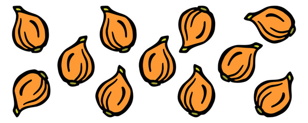 Horizontal colored banner composed of orange onions, on a white isolated background